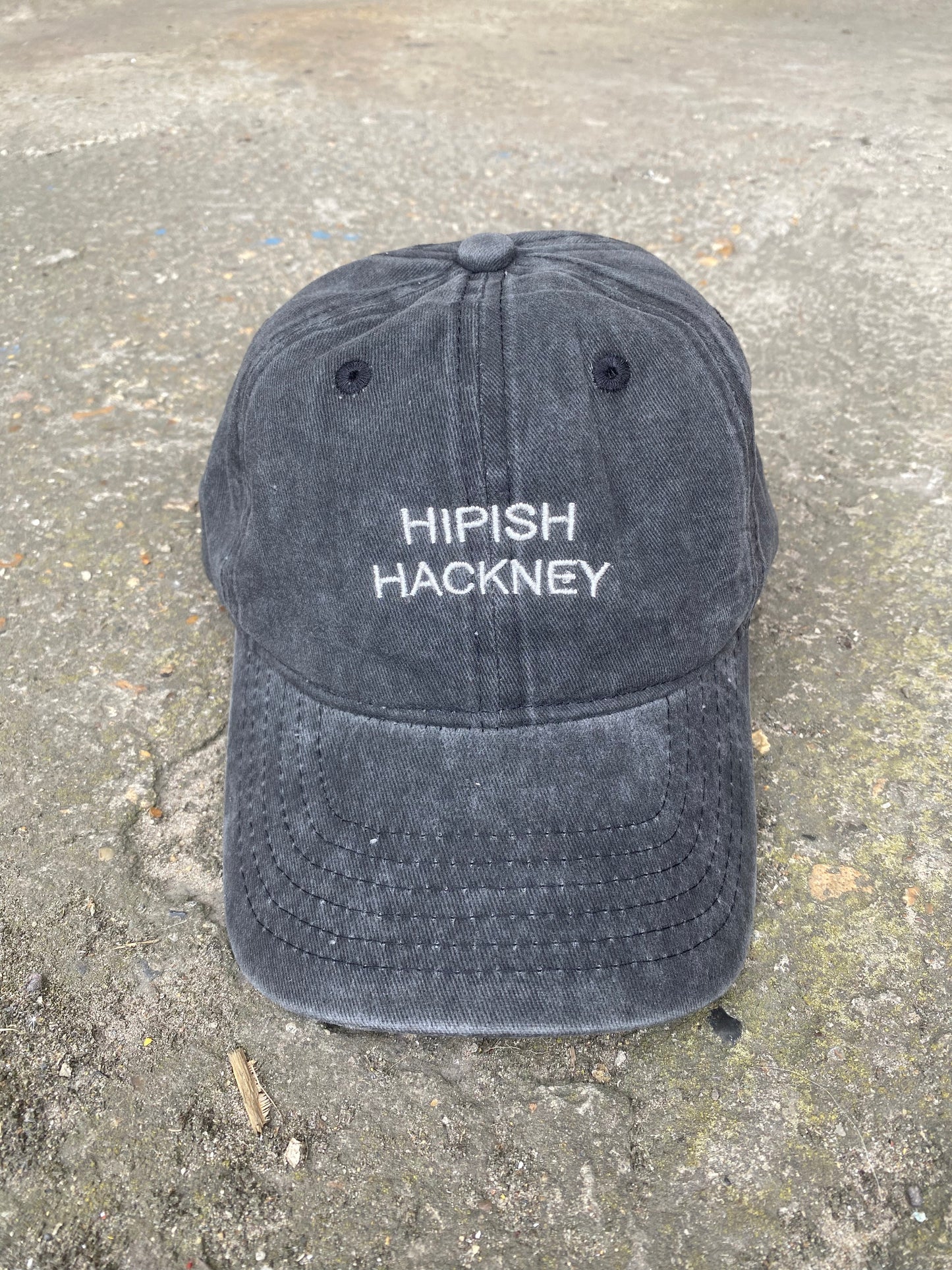 ‘Hipish Hackney’ Recycled Cotton Cap in Washed Charcoal Black - One Size